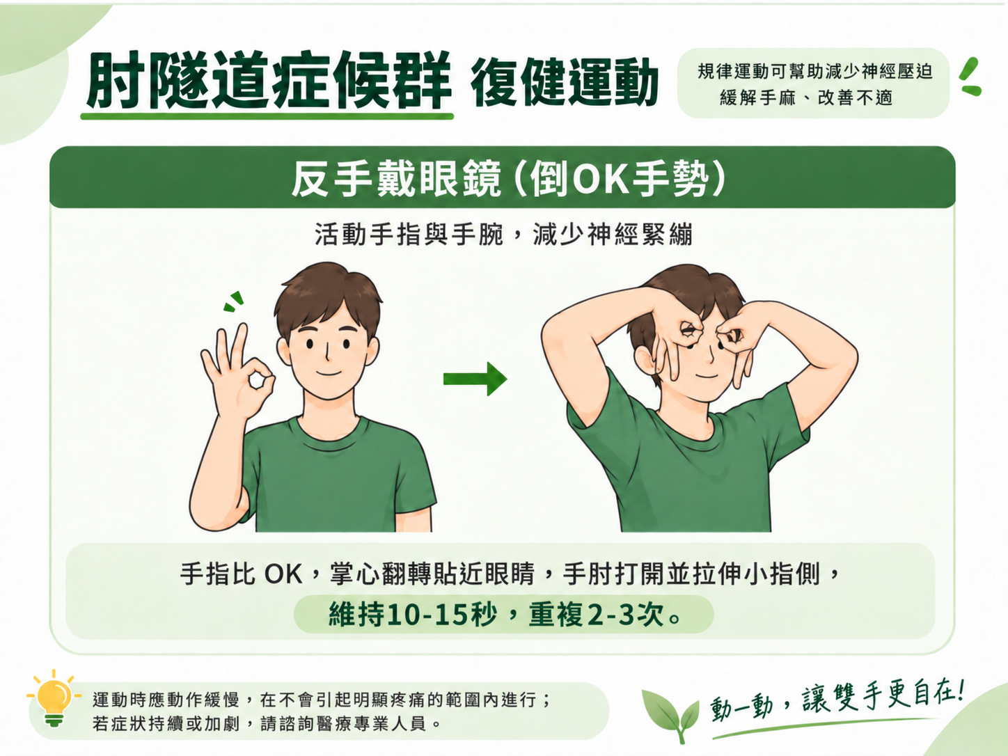 肘隧道症候群復健運動:反手戴眼鏡(倒OK手勢)