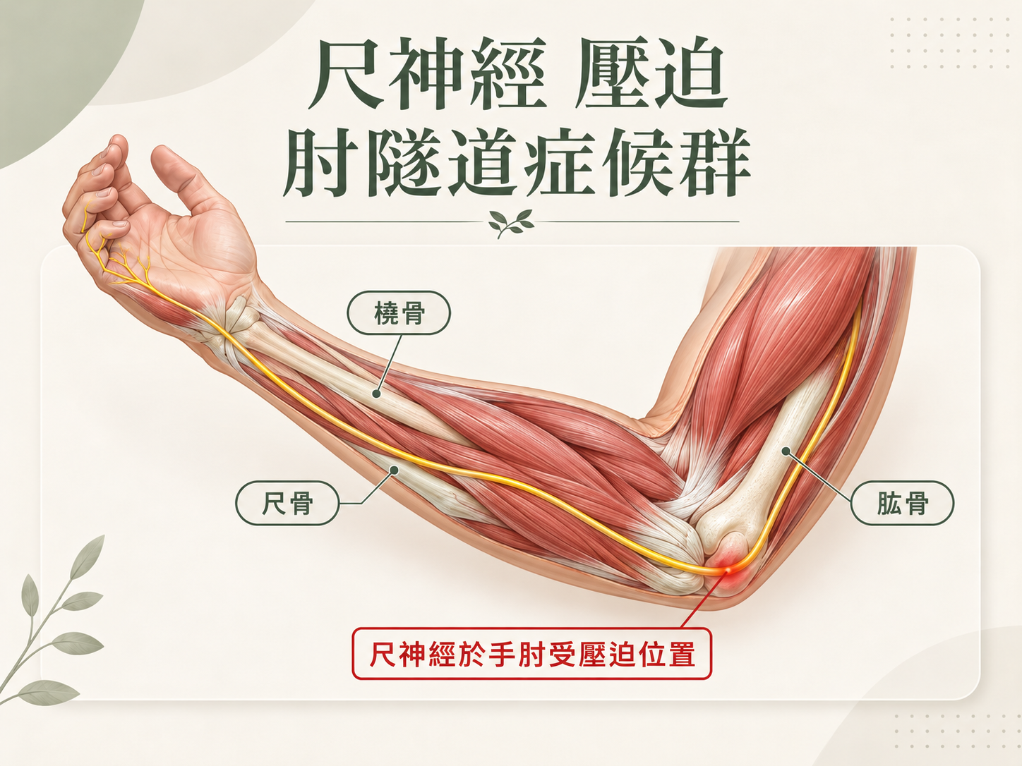 肘隧道症候群（尺神經壓迫）示意圖